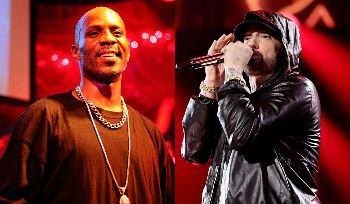Eminem and DMX performing on stage, side-by-side comparison for rumored rap battle.