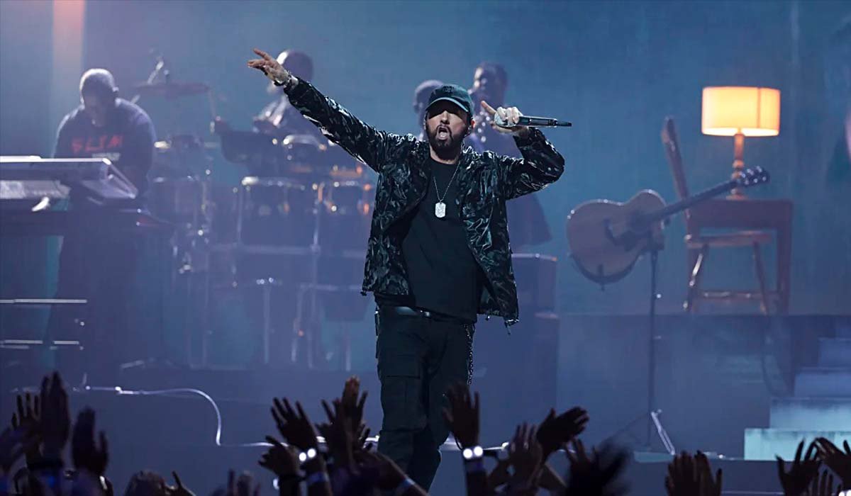Eminem performing at MTV VMAs 2024, ranking rappers with the most daily streams on Spotify in 2026.