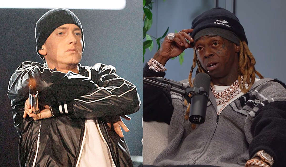 Left image: Eminem performing at the 2010 Grammys. Right image: Lil Wayne during Not Just Football with Cam Heyward podcast in 2026